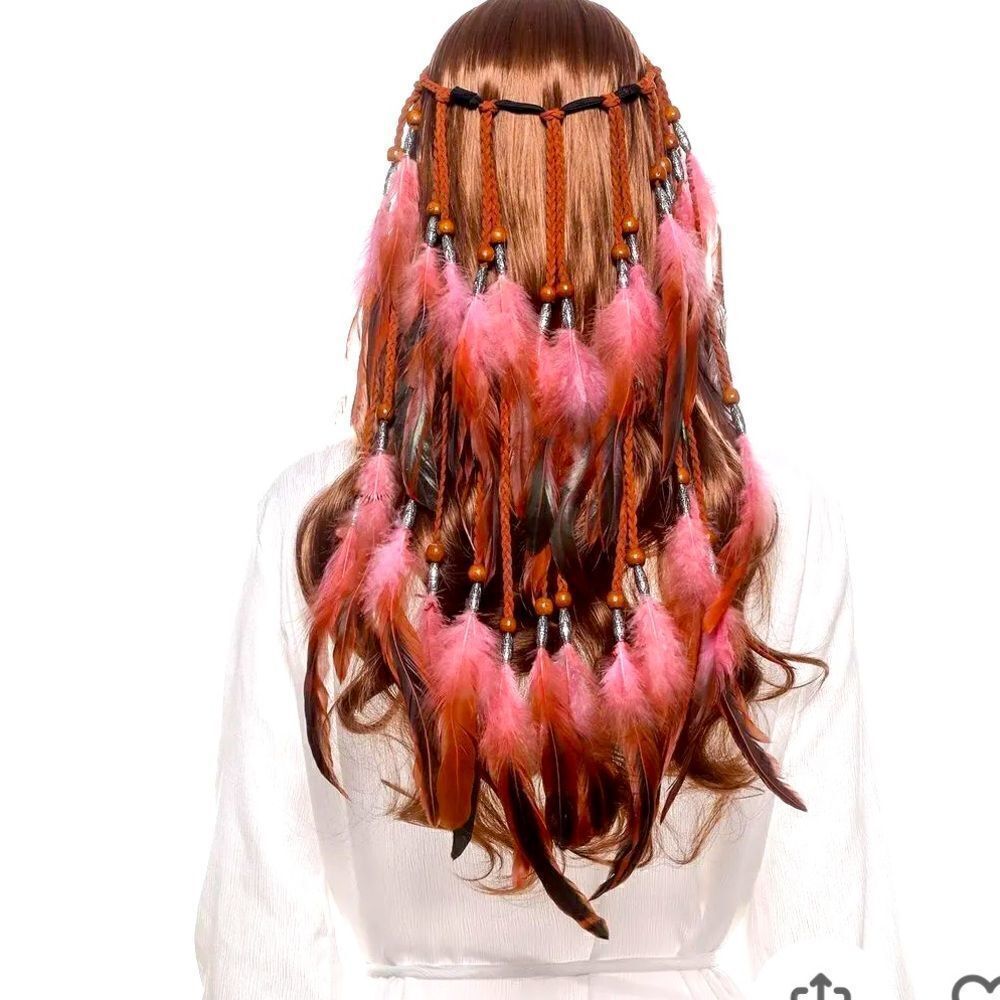 NWT handmade adjustable headband with feathers and beads and roping. Pink& black
